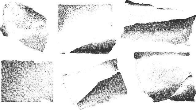 Six torn paper fragments with stippled texture and rough edges