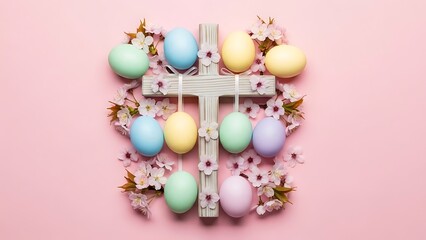 Fototapeta premium Easter eggs and cross with flowers on pink background
