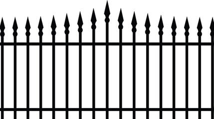 Decorative iron fence silhouette illustration with pointed spikes, metal security barrier design, black vector fence graphic, protective boundary artwork