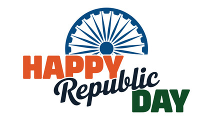 Happy Republic Day modern typography design with ashoka chakra emblem in indian tricolor colors for national celebration greeting poster and patriotic vector illustration © Zavivec