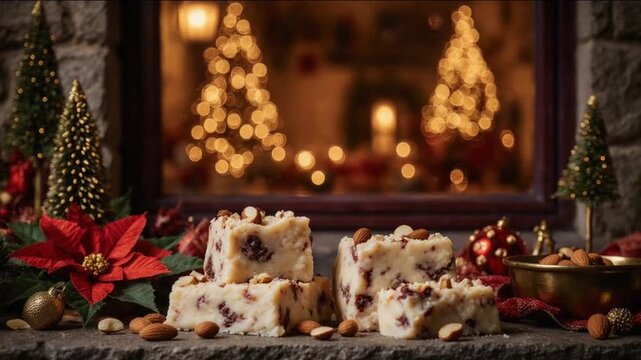 Delicious homemade Christmas fudge with nuts and festive holiday decorations