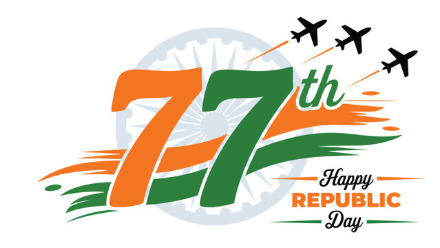77th Indian Republic Day anniversary celebration design with tricolor brush strokes fighter jets and patriotic typography for national pride vector illustration