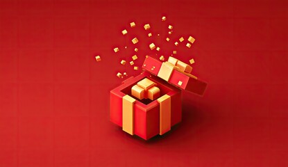 Animated 3D rendering of a voxelated gift box bursting open with golden cubes