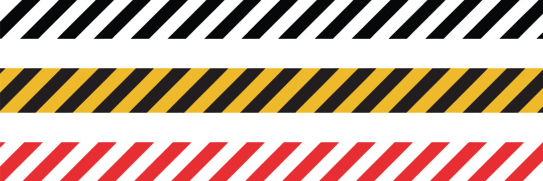 Warning tape in yellow, red, and black diagonal stripes line, caution, hazard, danger road, attention, safety stripe warning, warn stop seamless line, stretched for industrial, construction,