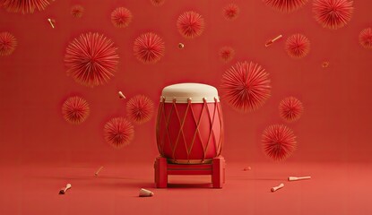 Rendered drum scene with floating red orbs on a vibrant background