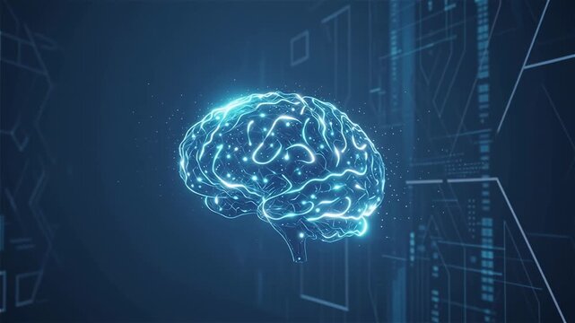 Video shows a digital representation of a human brain glowing with neural connections