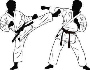Karate fighters practicing martial arts combat technique in dynamic action pose, professional training illustration showing self defense skills and disciplined movement