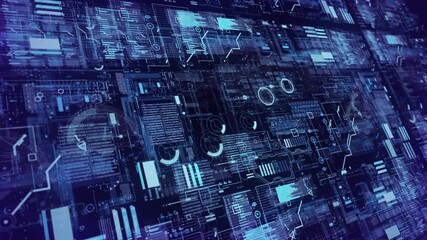 Futuristic digital interface displaying complex data streams and analytical in a dark blue and purple glowing technological environment with abstract geometric shapes and glowing lines representing - Powered by Adobe