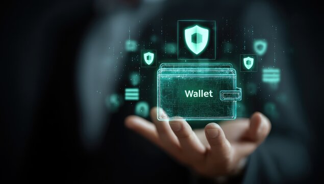 A person holds a digital, translucent wallet with security shield icons - Powered by Adobe