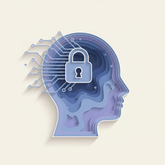 Side view of a human head with a layered digital brain and security lock. 3D paper craft representing advanced cybersecurity, data privacy, and protected artificial intelligence systems.