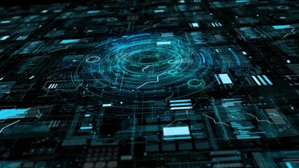 Futuristic digital interface with glowing blue data streams and circular H U D displaying complex information and analytics in a dark technological environment - Powered by Adobe