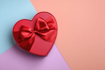 Heart-shaped gift box with a red bow, sitting on a colorful, diagonally split background