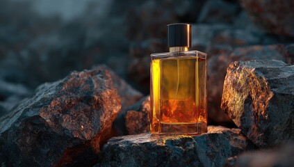 Close-up of perfume bottle amidst rocky terrain, lit with warm and dramatic light