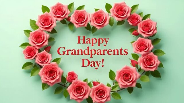 heart shaped frame of pink roses on mint background with happy grandparents day text