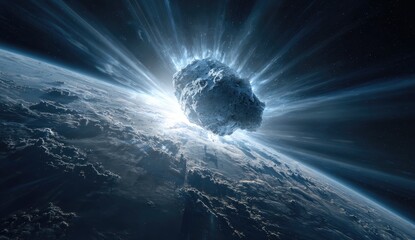 Dramatic view of an asteroid hurtling towards Earth, creating a bright explosion effect