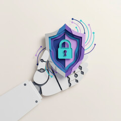 Artificial intelligence cybersecurity concept with a robotic hand holding a protective shield and lock. 3D paper craft style representing automated data defense and smart security solutions.