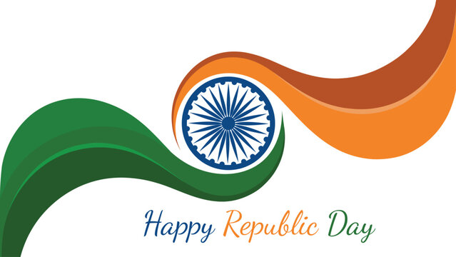 Happy Republic Day greeting design with flowing indian tricolor wave and ashoka chakra symbol for national celebration patriotic vector illustration