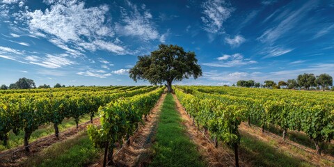 Fototapeta premium A sprawling vineyard with rows of grapevines leading towards a solitary tree under a bright sky