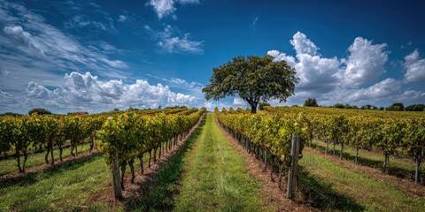 Expansive view of a vineyard with rows of grapevines, a large tree, and a vibrant sky