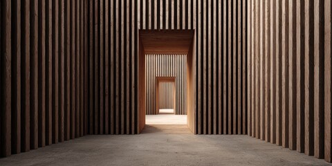Architectural interior view of a series of wooden spaces and openings, sunlight present