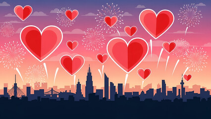 Cityscape celebration with heart-shaped balloons