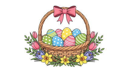 Colorful easter basket with decorated eggs