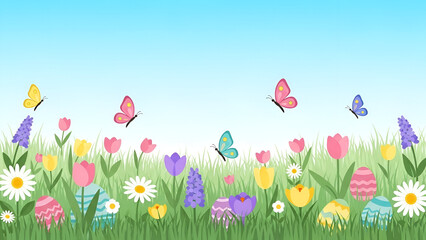 Vibrant spring meadow with butterflies and flowers