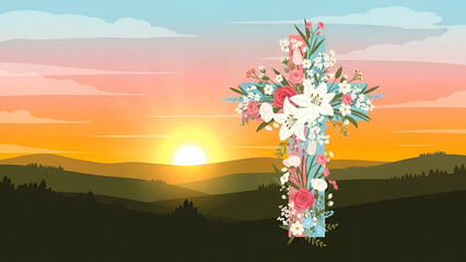 Floral cross at sunset