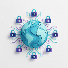 Earth globe centered in a circle of security locks and electronic pathways. 3D paper cut design illustrating worldwide digital safety, encrypted global communications, and web privacy.