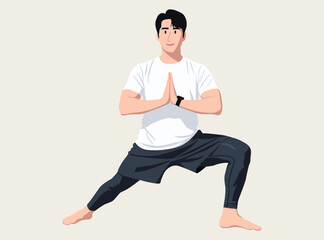 fit young man in a Warrior 1 or Virabhadrasana 1 yoga pose wearing a white t shirt and dark activewear