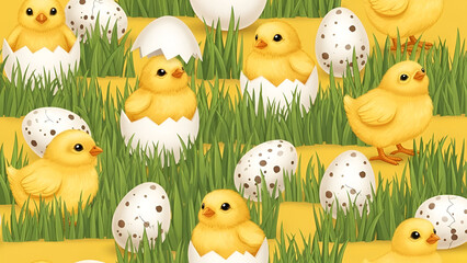 Chicks emerging from eggs in a green field