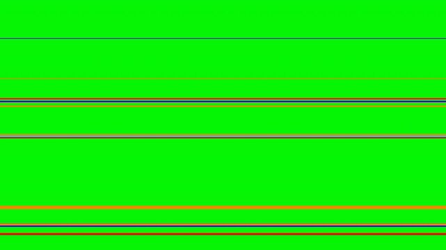 Abstract digital glitch effect featuring horizontal multicolored scanlines flickering on a green screen background for retro TV static overlays