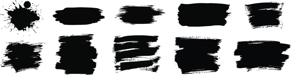 Abstract Black Brush Strokes and Splatters Grid. Textured Paint Set