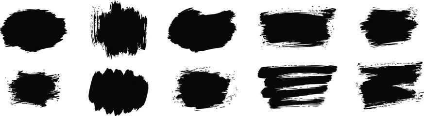 Abstract black brush strokes and paint splatters are arranged against a white background