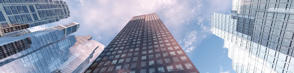 Skyscrapers, high-rise buildings from below against the background of the sky, cityscape, panorama of skyscrapers, 3D rendering © ustas