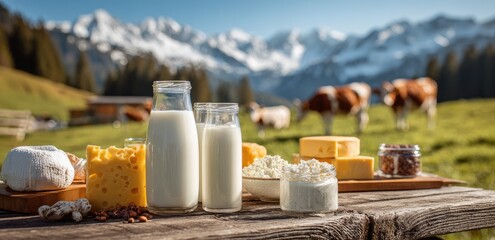 Various dairy products, milk bottles, and cheeses arranged on a wooden surface with cows and mountains in the backdrop