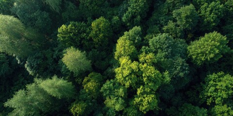 Aerial view of a lush green forest, sunlight dappling the treetops creating varied shades