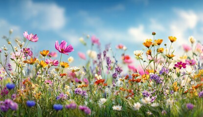 Fototapeta premium Lush meadow showcasing vibrant wildflowers under a partly cloudy, bright blue sky