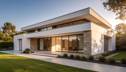 Fototapeta premium Modern minimalist house with clean lines and large windows.