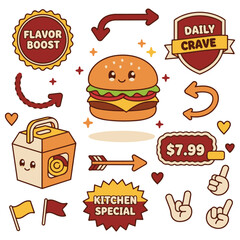 Retro-inspired groovy burger sticker pack for fast food restaurants and cafes, featuring playful arrow signage, delivery and takeaway themes, and a lighthearted comic design.