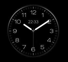 a simple clock face with a black background and white numbers, 
