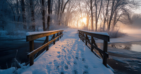 a wooden bridge over the lake in winter, covered with snow and ice, surrounded by trees, and sunlight shining through them on one side of it. 