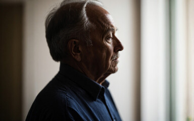thoughtful elderly man with grey hair looking out a window in a dimly lit room with a contemplative and serious facial expression