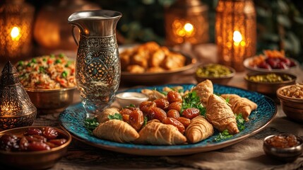 Delicious Middle Eastern food spread with croissants and dates