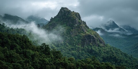 Lush, verdant mountain range, shrouded in mist under a moody, overcast sky