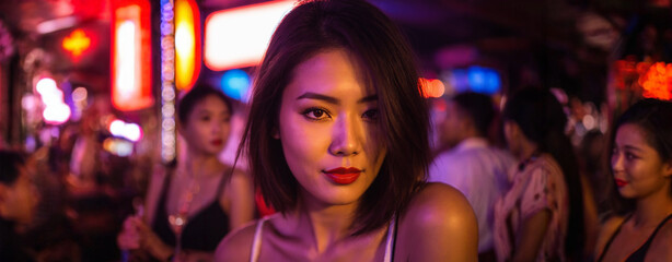 Obraz premium young woman with short dark hair and red lipstick looking intensely at camera in a neon lit night market or bar with colorful bokeh lights and crowd background