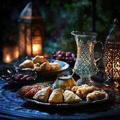 Traditional Middle Eastern iftar table setting with samosas and lanterns