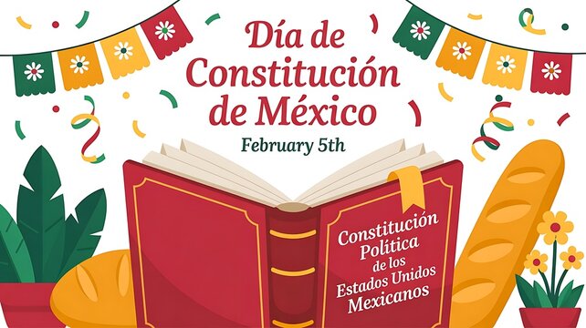 Dia de Constitution de Mexico with open book and bread Keywords: Mexico, Constitution Day, Dia de Constitution de Mexico, February 5th, holiday