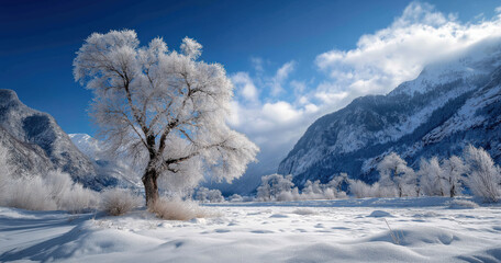 the snow-covered trees in the distance, surrounded by mountains and blue sky, create an amazing winter landscape.