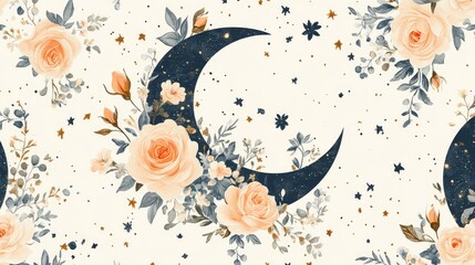 Dreamy crescent moon and roses pattern with starry night sky